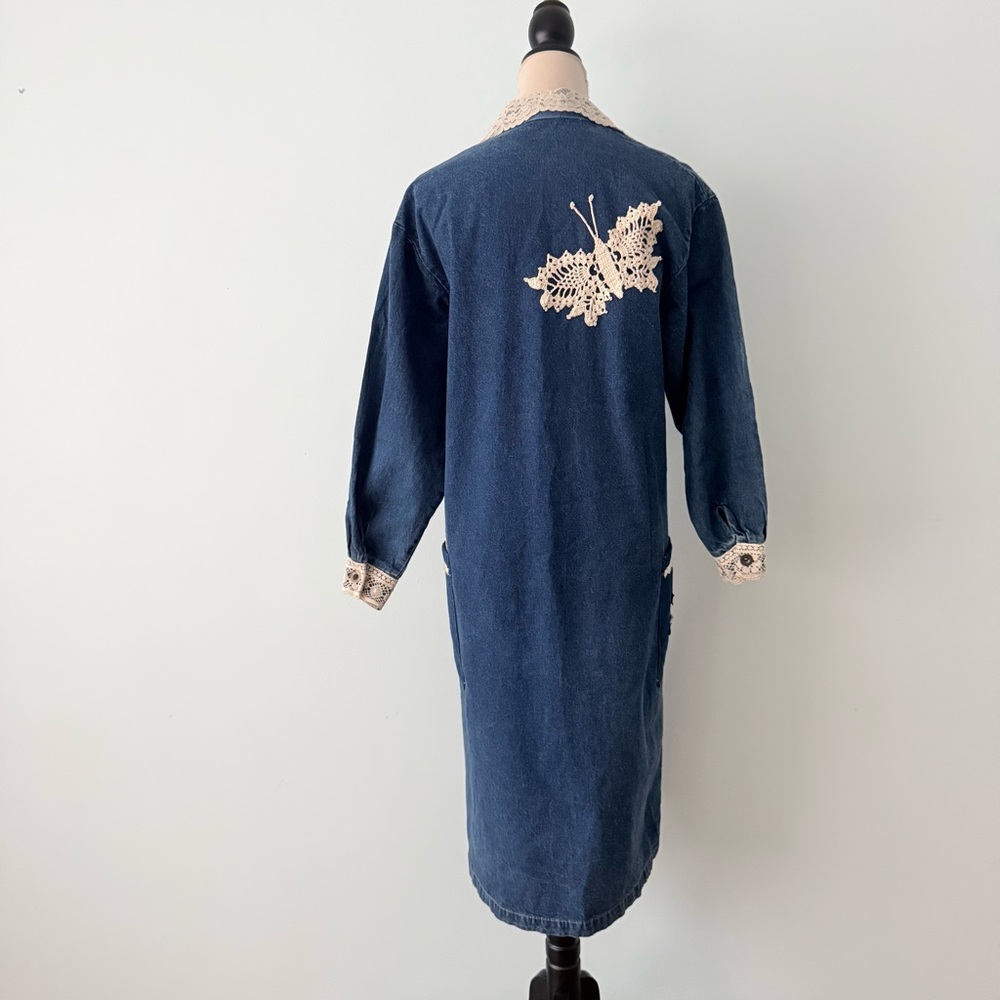 🌸 Grandma Core Reworked Denim Midi Dress Lace Butterfly Cottagecore 🦋 - Picture 8 of 15